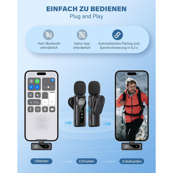 Беспроводной петличный микрофон для iPhone, iPad, Android - миниатюрный клип-микрофон с шумоподавлением, авто-подключением, функцией отключения звука и реверберацией, идеально подходит для видеоблогинга, видеосъемки, TikTok