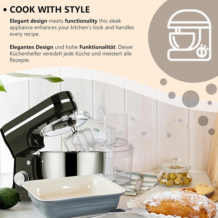 Кухонна машина Retoo 3-в-1 з нержавіючою чашею 6 л, 2000 Вт, 6 швидкостей, планетарний міксер, гак для тіста, вінчик, захист від бризок, кухонний комбайн, планетарна міксер, тістоміс