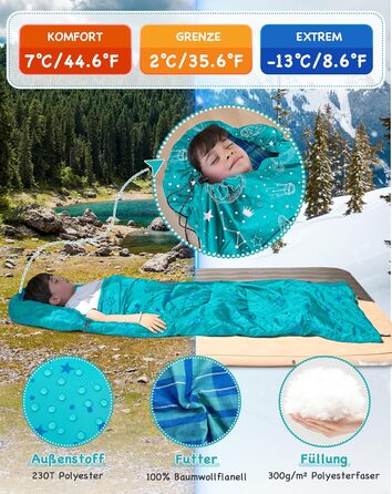 KingCamp Kids Sleeping Bag - Winter Warmth, 3-4 Season Comfort for Camping & Trekking - 170x70cm, 7°C Rating