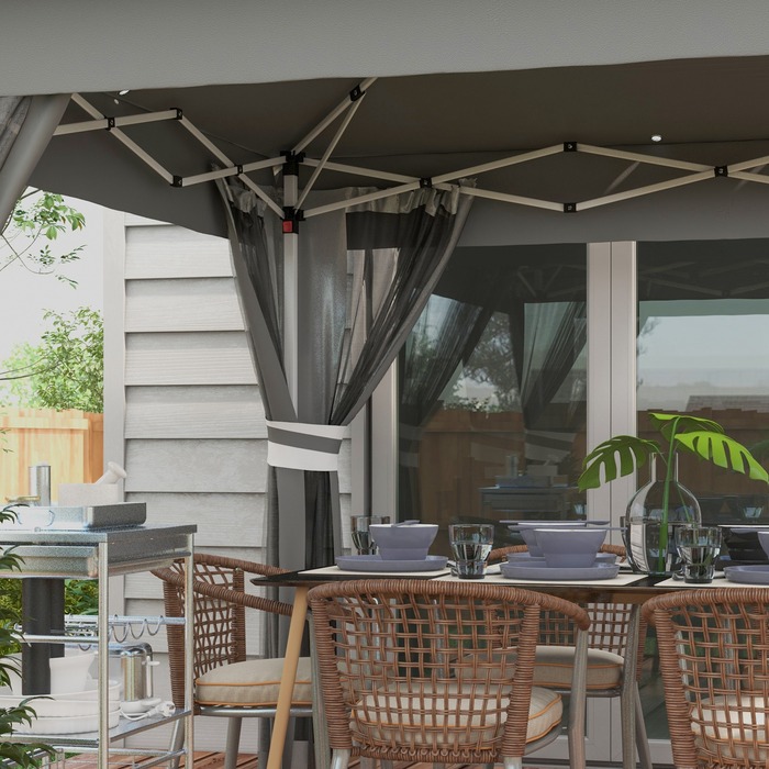 Outsunny Folding Gazebo, approx. 3 x 3 m, Gazebo with LED lights, 4 mosquito nets, side walls, garden gazebo with water bag, double roof, carry bag, dark grey | Aosom