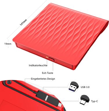 Зовнішній DVD CD привід USB 3.0 та Type-C, записувач CD/DVD +/-RW для ноутбука та ПК, сумісний з Windows, MacOS, Linux (червоний)