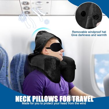 Подушка для шиї в літак, авто: надувна з капюшоном, для дорослих, Travel Pillow, чорна