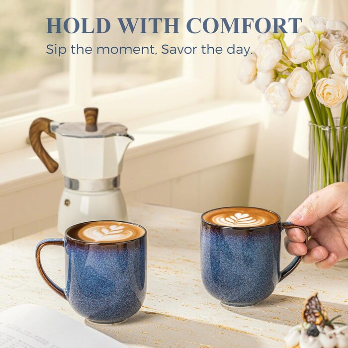 Набір керамічних кавових чашок LERATIO, 340 мл, 6 шт. - великі чашки з порцеляни з зручним ручками для лате, капучино, молока, какао, придатні для миття в посудомийній машині та використання в мікрохвильовці, ідеальні для чоловіків, жінок, батьків, Зелени