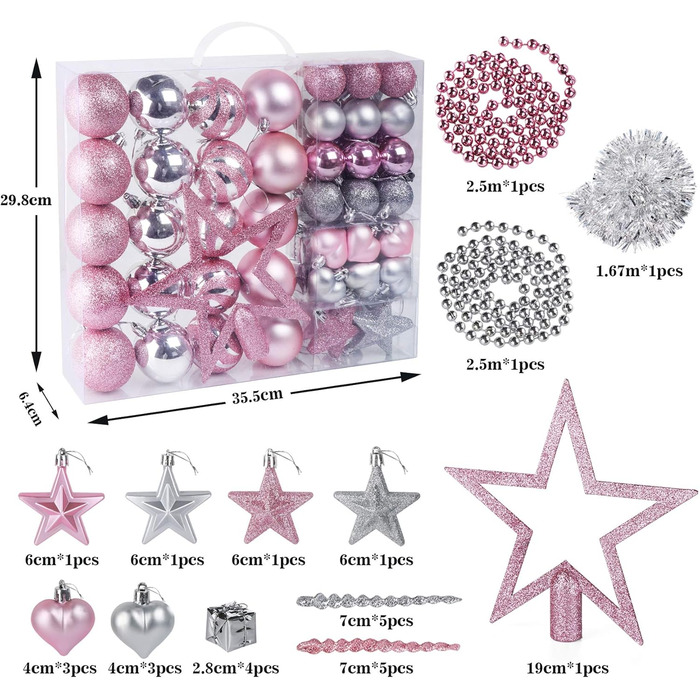 Набір прикрас для ялинки Agoer 100 шт. - блакитні, рожеві та срібні кульки з блискітками, пластик