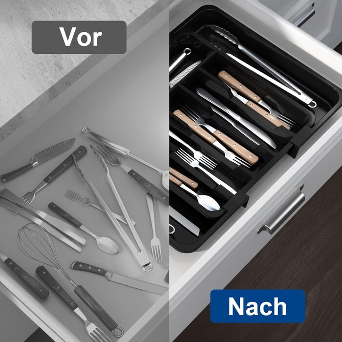 Органайзер для столових приборів в шухляду 40 см, чорний, пластиковий, з регульованими перегородками (6-8 відділень)