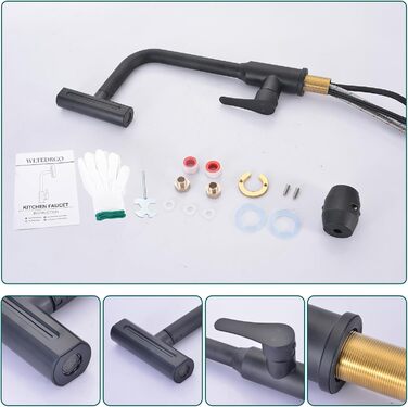 Кухонний змішувач водопровідний висувний з душем, 360° поворот, 4 режими, з нержавіючої сталі, чорний