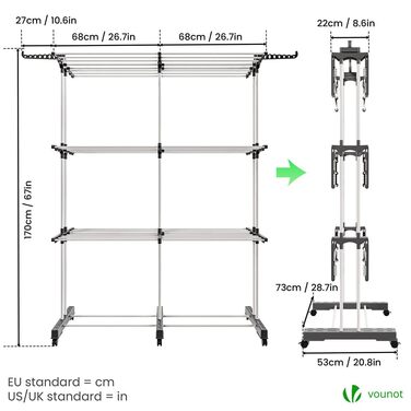 VOUNOT® Сушарка для білизни Турбо, висувна, компактна, для дому та вулиці, з розкладними крилами, телескопічною штангою та 6 роликами, 40м довжини сушіння, 3 яруси, біла