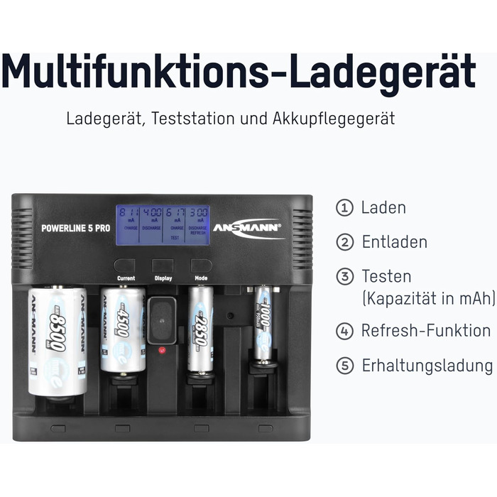 Зарядний пристрій ANSMANN Powerline 5 Pro для акумуляторів NiMH/NiCd з LCD-дисплеєм та мікропроцесорною технологією, багаторазовий захист