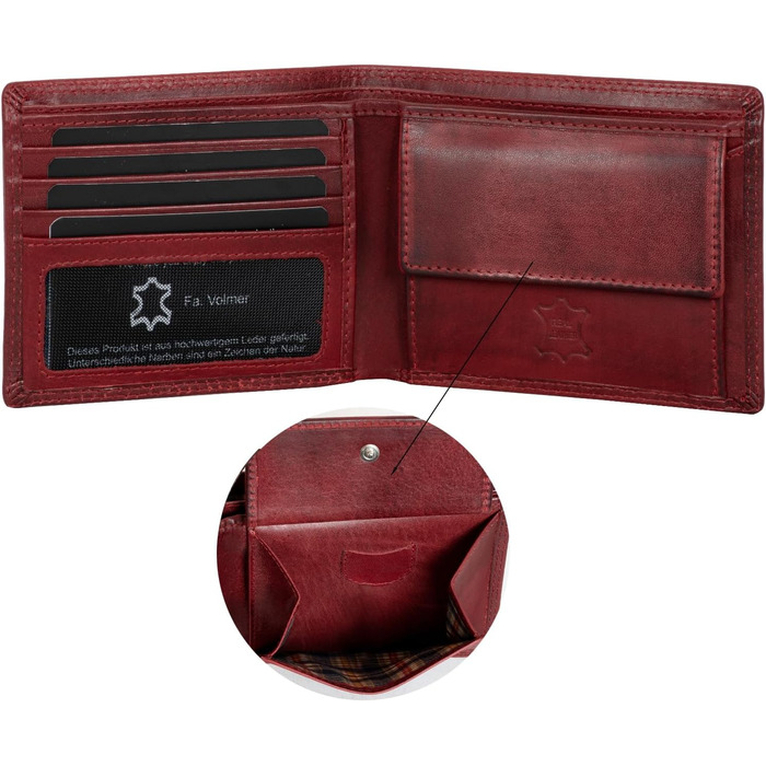 Fa. Volmer® Leather Wallet for Men with RFID Protection - Extra-Stable Double Stitch - 6 Card Slots - Landscape Format (Bordeaux Red)