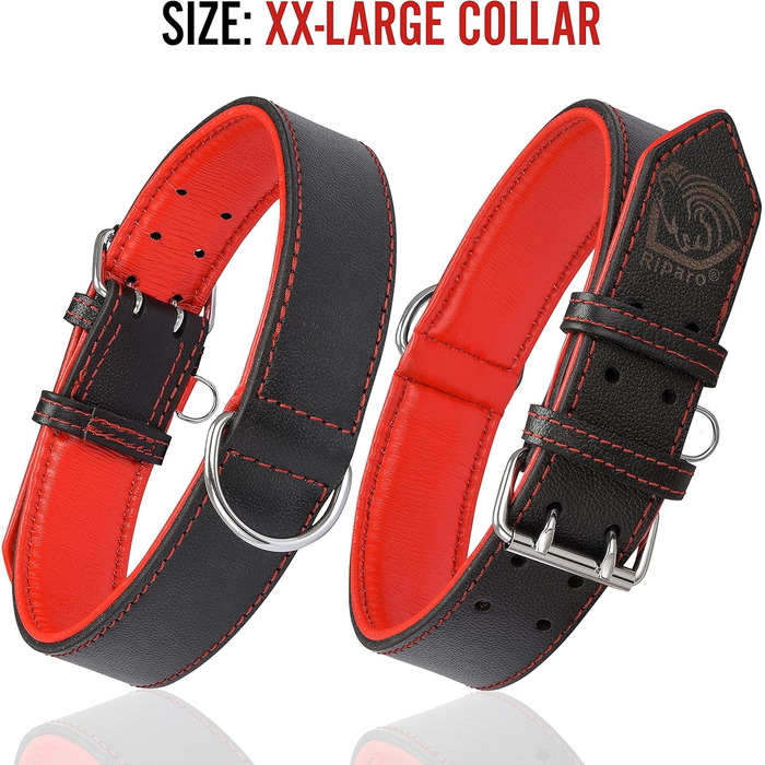 Нашийник для собак Riparo з натуральної шкіри, регульований, посилений (L, 3,8 см, чорно-червоний), чорно-червоний