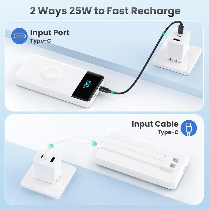 Powerbank 10800mAh з кабелем, зарядним пристроєм для Apple Watch, 6-в-1, PD 25W+QC4.0 USB-C, швидка зарядка, LED-дисплей, сумісний з iPhone 16/15/14, Samsung та ін.