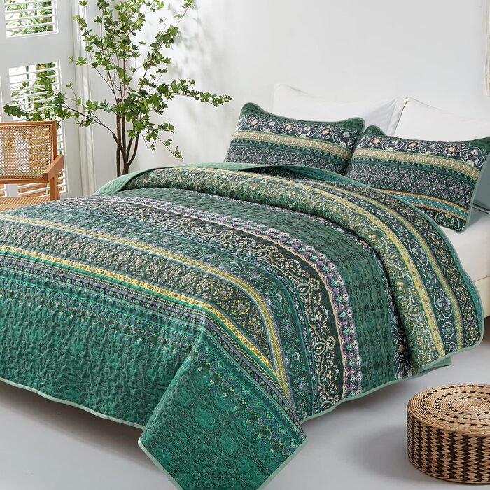 WONGS BEDDING Bedspread 220x240 Bed Throw Bohemian Quilt Steppdecke 3-Piece Double Bed Quilted Bedspread Microfiber Throw Blanket with 2 Pillowcases 50x70 for Bedroom as Sofa Throw (Bohemian) (200x220 cm, Dark Green)