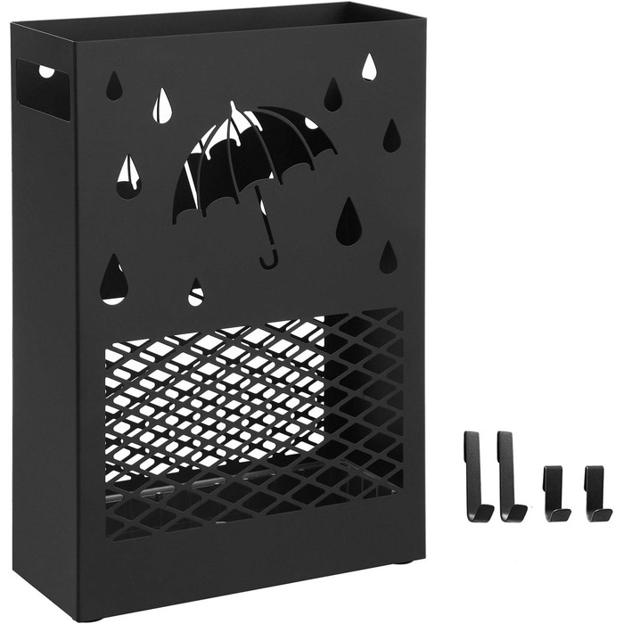 SONGMICS Metal Umbrella Stand with Water Tray, 4 Hooks, Cutout Design - Black for Entryway & Office