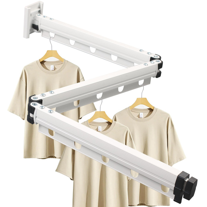 Висувна сушарка для одягу, 3-секційна, настінна штанга для одягу 126 см, економна, складана сушарка з гачками, для балкону, прання, ванної кімнати, білий, молочно-білий
