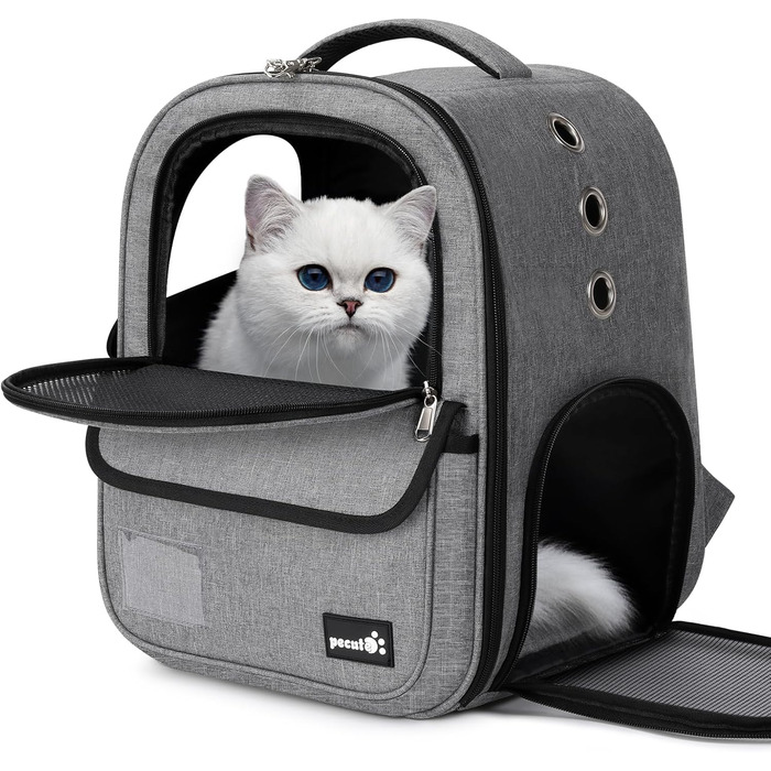 Рюкзак для кота/маленької собаки Pecute, 6 кг, сірий. Зручний, дихаючий, з безпечним тросом та замком. Для подорожей та прогулянок.