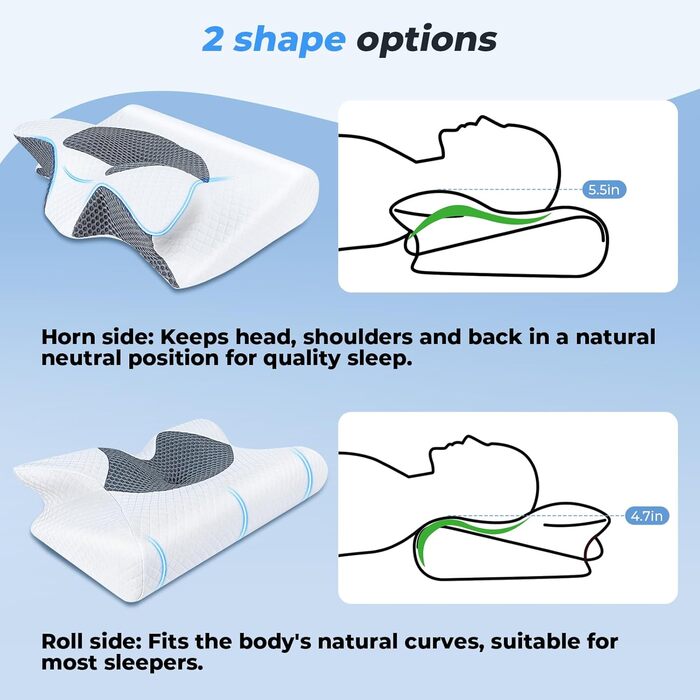 Подушка для шиї Saheyer з Memory Foam, 2-в-1: підтримка шиї, подушка для голови, для сну на боці, на животі та на спині, знімний та дихаючий чохол, 59 * 43 * 12/15 см, сіро-білий