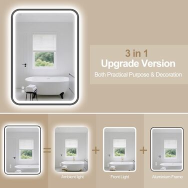 Дзеркало для ванної кімнати S'bagno з підсвічуванням 100x70 см, з алюмінієвою рамою, антизапарююче, 3000-6500K, функція пам'яті, IP44, горизонтальне/вертикальне, чорний колір, M99 (без Bluetooth)