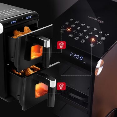 Фритюрниця без олії LEHMANN з 2 камерами, 2400 Вт, AirFryer XXL з 12 програмами, до 200°C, WiFi, 11л – для смаження, випікання, сушіння, грилю