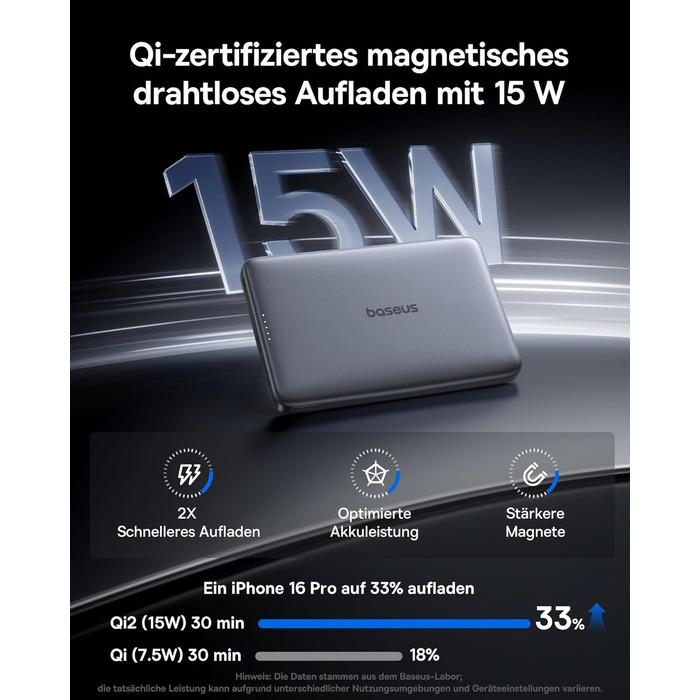 Power Bank Baseus Picogo AM41: 10000mAh, Qi2 Magsafe, 27W PD, бездротова зарядка 15W, USB-C, для iPhone 17/16/15/14/13/12, Space Gray
