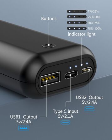 Powerbank 10000mAh Mini: Компактний зовнішній акумулятор для зарядки телефону. Micro USB + USB-C