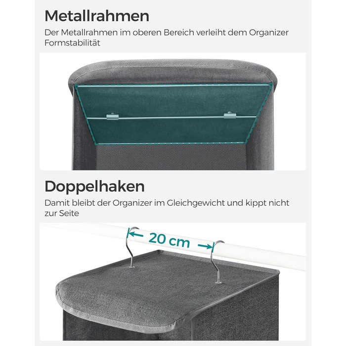 Органайзер для шафи SONGMICS, розкладний, сірий, з металевими гачками та бамбуковими вставками