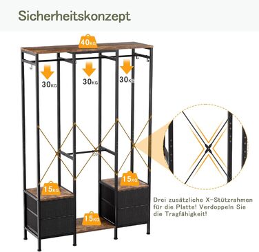 Шафа відкрита, вішалка для одягу, гардеробна стійка з 4 шухлядами, стійка для одягу, для спальні, вітальні, передпокою (rustic brown)