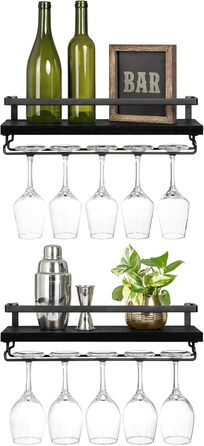 Wall-Mounted Wine Racks 2-Piece Set Wood Rustic Wine Bottle Glass Floating Shelves with Stemware Hangers Modern Wine Display Storage Holder for Kitchen Dining Room Bar, black