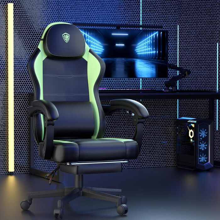 Ігровий крісло Dowinx з PU-шкіри, ергономічний дизайн, масаж, підтримка попереку, до 150 кг, світло-зелений