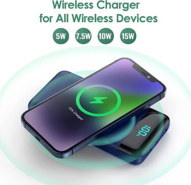 Бездротовий Power Bank 26800mAh 25W PD3.0 + QC4.0, зовнішній акумулятор з LCD-дисплеєм та швидкою зарядкою 15W, 4 USB-порти, для iPhone, Samsung, Huawei, Oppo — Синій