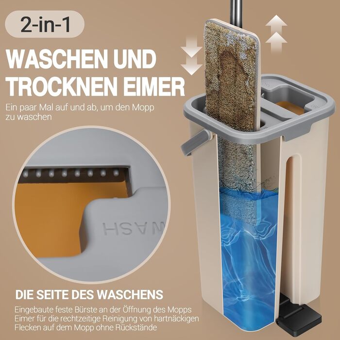 Набір для миття підлоги MASTERTOP з відром, моп з нержавіючою ручкою та 3 насадками, набір 2 в 1 з відром для вичавлювання, плоский моп для твердої підлоги, ламінату, плитки (Бежевий)