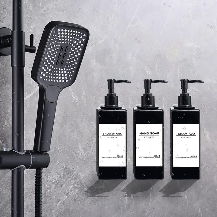 Набір з 3 дозатори для мила Roselee на стіну, 500 мл, без свердління, для душу, шампуню, ванни, чорний
