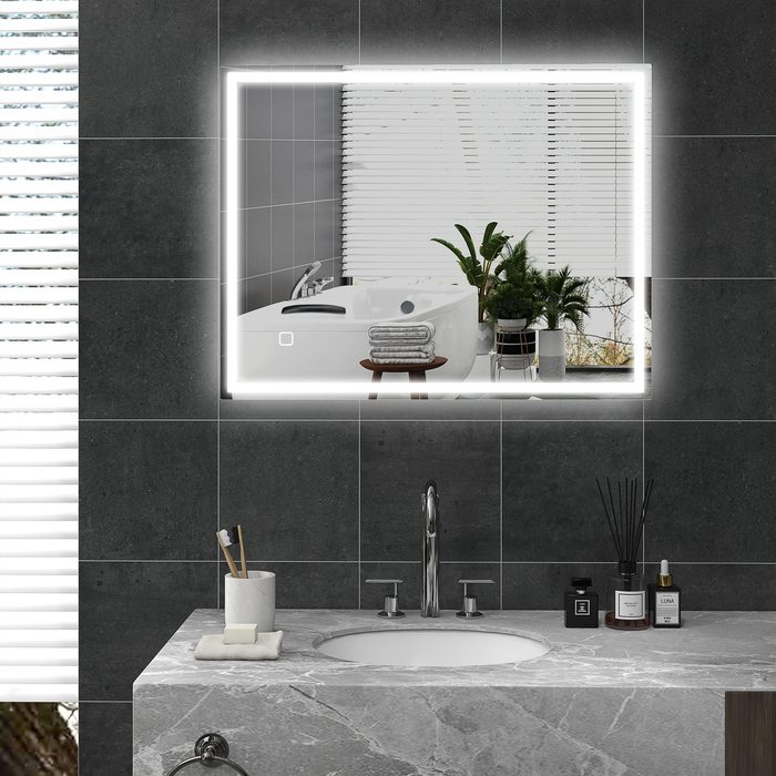 Дзеркало для ванної кімнати HOMCOM з підсвіткою 90x70 см, LED, настінне з функцією пам'яті, 3 кольори світла, запобігає запотіванню, сенсорне управління, срібний
