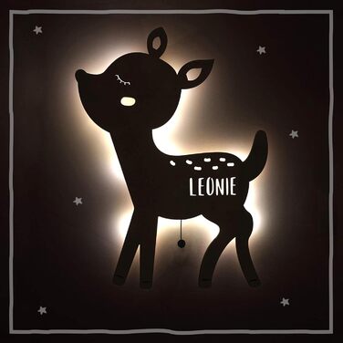 Нічник з дерева з іменем для дитини, оленятко Bambi, подарунок на хрестини, лампа для дитячої кімнати, енергоефективний клас A++
