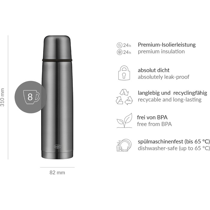 alfi ISOTHERM PERFECT AV 1.0L, cool grey matte, stainless steel insulated bottle with drinking cup, absolutely leak-proof with automatic closure, detachable, keeps drinks warm for 12 hours, fingerprint-resistant, BPA-free
