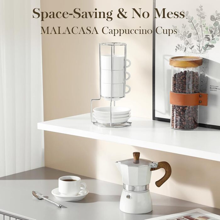 Набір чашок еспресо MALACASA 4 шт., 75 мл, з підставками та стійкою, біле порцелянове виробництво Італії, сумісні з посудомийною машиною, серія Regular 75 мл