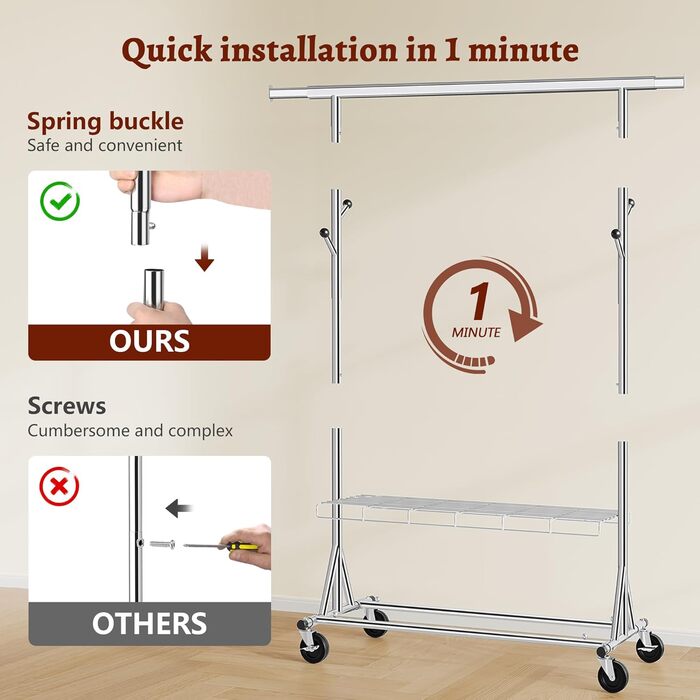 Стійка для одягу на колесах FAVOOOSTY, металева, мобільна, до 200 кг, швидка установка, срібна