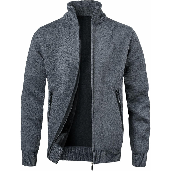Чоловіча в'язана кофта з коміром-стійкою, на блискавці, з м'яким флісовим підкладкою, спортивна куртка-кардиган, дрібний в'яз, осінньо-зимова куртка (XXL, сірий)