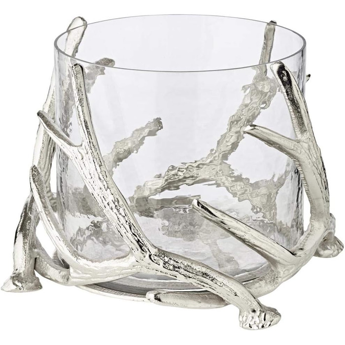 EDZARD Hurricane Candle Holder Kingston, Deer Antler Design, Silver, Nickel-Plated Aluminum, with Glass, Height 13 cm, Diameter 15 cm (Height 20 cm, Diameter 25 cm)