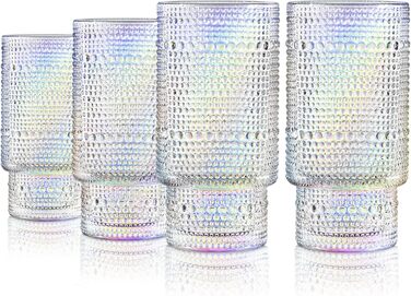 Joeyan 300ml Hobnail Rainbow Water Glasses, Vintage Stackable Colorful Highball Glasses, Pearl Embossed Iridescent Drinking Glasses, Romantic Rainbow Juice Glasses Cocktail Glasses, Set of 4, Dishwasher Safe