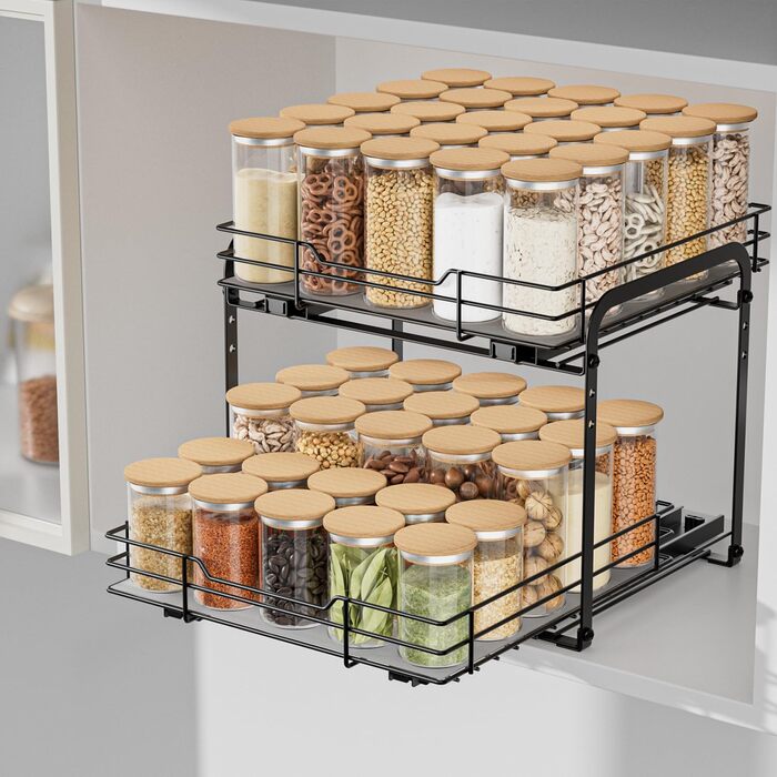 AIRUJIA Pull-Out Spice Rack, 2-Tier Dish Cabinet Organizer, Spice Rack Cabinet, Spice Rack, Lift-Up Sink Shelf, Spice Organizer for Kitchen, L26.4*W23.2*H23CM (L27.2*W29.3*H24 - 2 Tiers)