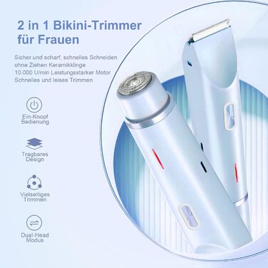 Електричний жіночий епілятор 2-в-1 з USB-C зарядкою, для обличчя, ніг та рук, вологостійкий тример, легко чистити (блакитний)