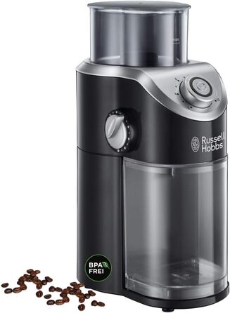 Електрична кавомолка Russell Hobbs Classics з дисковим жорном, регулюванням ступеня помелу (від порошкоподібного до грубого), для кавових зерен, горіхів, спецій, круп, об’єм 100 г, 23120-56, чорна