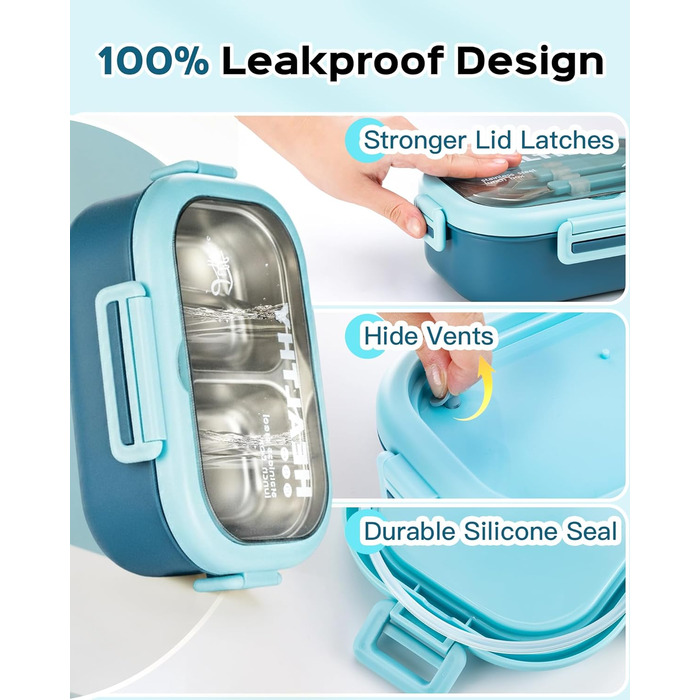 Ланчбокс Lille Home Bento з нержавіючої сталі, 850 мл, 2 відділення, витікання, з сумкою та столовими приборами, BPA-free (Світло-блакитний)