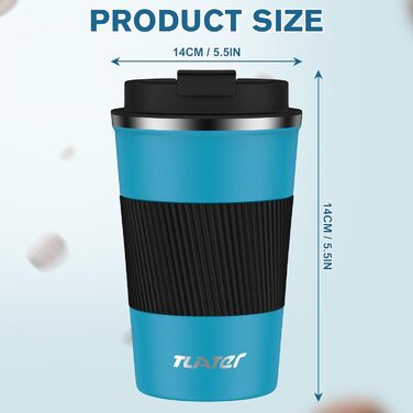 Термокружка для кави з кришкою, 380 мл, з подвійними стінками, з нержавіючої сталі, блакитно-чорна