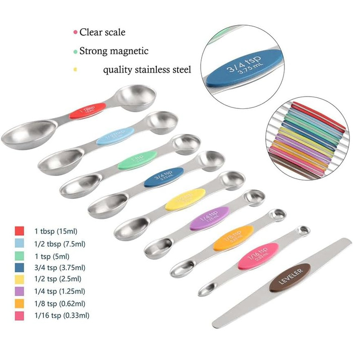 16-Piece Stainless Steel Measuring Cup and Spoon Set, 7 Sturdy Cups, 8 Double-Sided Spoons with Leveler, Multicolored