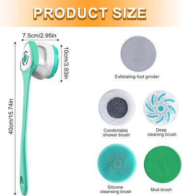 Electric Body Brush Bath Brush Back Brush With 5 Attachments: Long-Handled Back Brush IP67 Waterproof 3 Speed Spin Cleaning Brush for Spa Shower Exfoliating Massage Brush (Green)