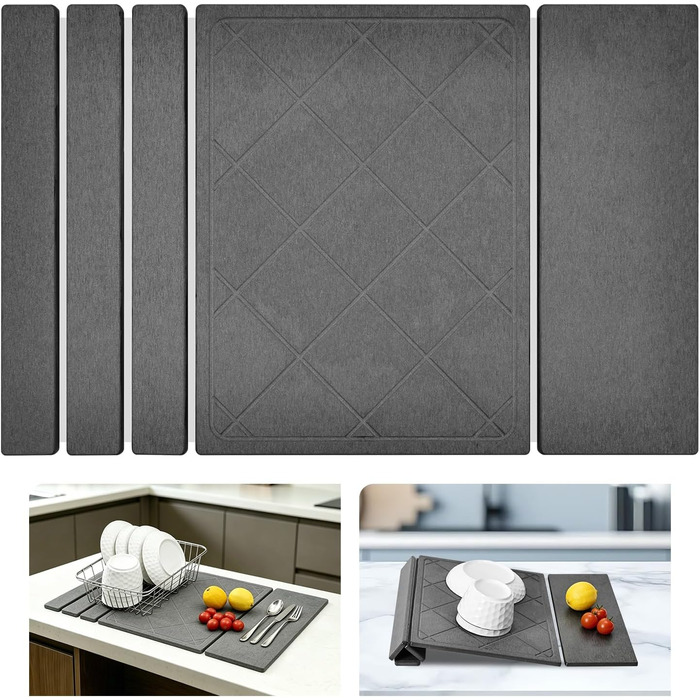 Килимок сушильний для посуду KitchenRaku з діатоміту, швидковисихаючий, 40x60 см, темно-сірий, ромбовидний візерунок