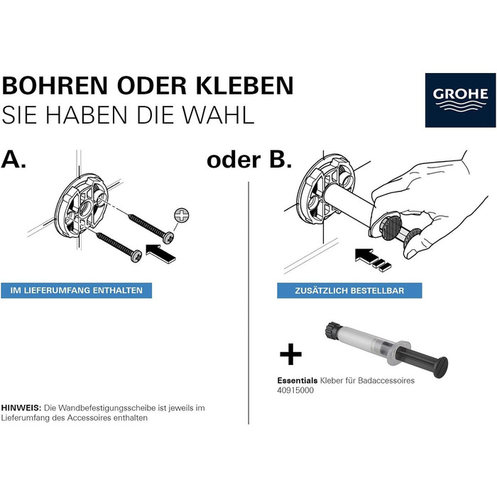 Тримач для туалетного паперу GROHE Essentials Cube з відсіком для запасних рулонів, металевий, хром, приховане кріплення, арт. 40507001