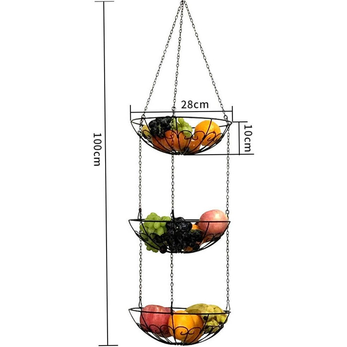 Металева етажерка для фруктів Stöckig 3 яруси - кошик для зберігання, чорний колір, для кухні, вітальні, офісу