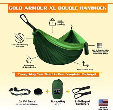 Гамак подвійний Gold Armour для кемпінгу - великий парашутний, нейлон, для дорослих та дітей (зелений). З ременями та петлями.